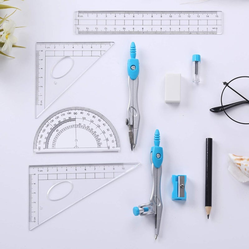 Vobou Math Geometry Kit Sets 10 Piece Student Supplies with Shatterproof Storage Box,Includes Rulers,Protractor,Compass,Eraser,Pencil Sharpener,Lead Refills,Pencil,for Drafting and Drawings（Blue） - Image 3